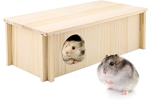 Hamster Wood House 2 Chambers Guinea Pig Hideout for Cage Pet Wooden Home Small Animal Habitat Décor Natural Wooden Hamster Hideaway House Wood Cabin for Small Pets Chinchilla Rat Gerbils (Rectangle)