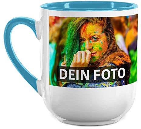 Elegante Fototasse selbst gestalten - mit Foto & Text personalisieren - Edle Tasse mit abgerundetem Boden - Keramik Innen & Henkel Hellblau, 250ml