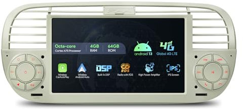 XTRONS 7 Inch Android 13 Car Stereo Radio Player 4+64GB, Built-in 4G Wireless GPS Navigation Car Play DSP RDS Radio Bluetooth WIFI, Support AHD CAM TPMS DVR DAB+for Fiat 500 (2007-2015) Cream