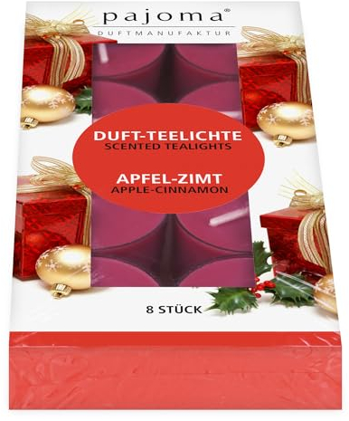 pajoma® Teelichte 8 Stück, Apfel - Zimt | Duft-Teelichte in Polycarbonathülle, Brenndauer ca. 4 Stunden - Höhe 1,5 cm ø 3,5 cm | Premium Qualität | Deko, Gastronomie, Outdoor, Windgläser, Hochzeit