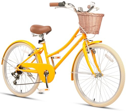 Glerc 24 Inch Beach Cruiser Bike, 6-Speed Hybrid City Bicycle for Girls Youth and Over 6 Years Old, Missy Bike with Wicker Basket & Lightweight, Yellow