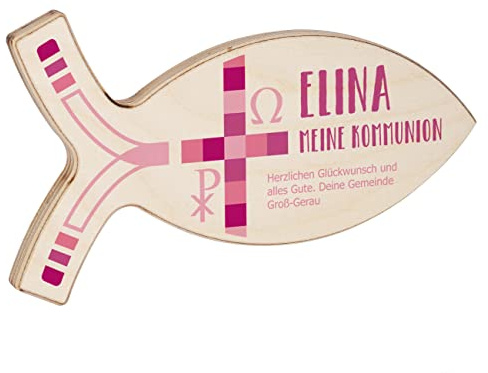 Striefchen® Personalisierter Deko-Fisch aus Holz für Taufe, Kommunion und andere Anlässe 19,5 cm x 11 cm x 1 cm (B/H/T) Kommunion Rosa