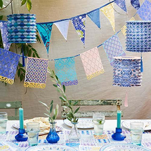 Blue Papel Picado Bunting - 3m | Moroccan Geometric Cut Out Paper Garland for Garden, Summer Birthday, Colourful Mexican Party Decorations for Cinco De Mayo, Encanto Theme - Made by Talking Tables