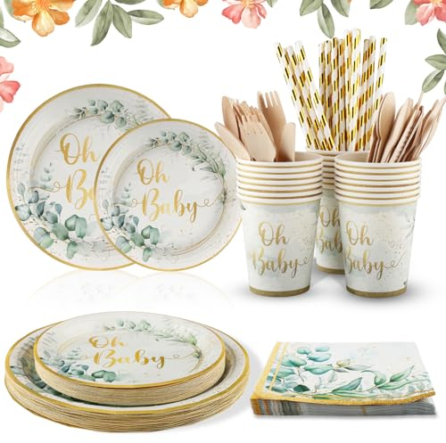 Stoviglie per Feste di Compleanno, Vexillic 200 Pezzi Piatti Verde per Baby Shower Set di Stoviglie Decorazioni con Piatti di Carta Tovaglioli Tazze Cannucce Forchette Coltello Cucchiaio (25 Ospiti)