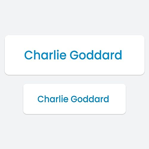 50 x No Iron Medium Personalised Stick On Waterproof Washable Name Labels Great for Clothes, School Uniform, Equipment, Shoes and More. School, Nursery, Day Care, Hospital - White with Blue Text