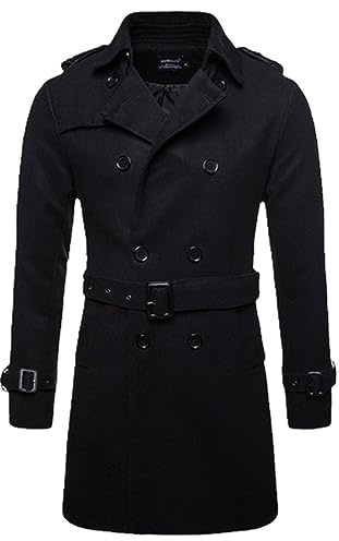 Aoleaky Herren Mittellanger Wollmantel Lässiger Doppelreihiger Mantel Männlicher Revers-Windbreaker Herbst Gürtel Stil Jacke Black L