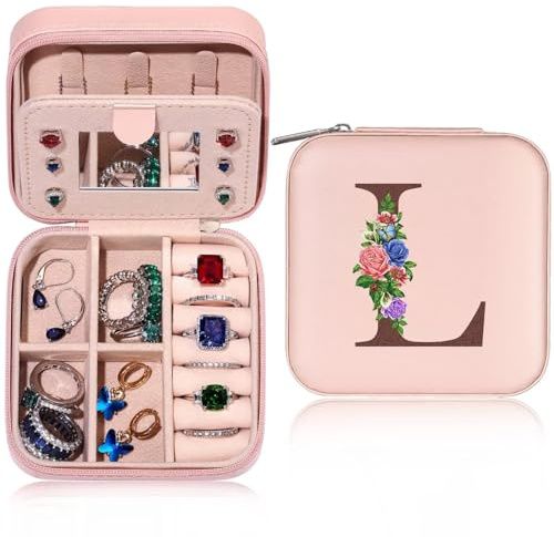TINGN Personalisierte Geschenke für Mädchen Schmuckkasten Damen Reise Schmuckkästchen mit Namen Initiale L Schmuckkästchen Kleine Schmuckkasten Mädchen Damen Geschenk für Geburtstage Hochzeit