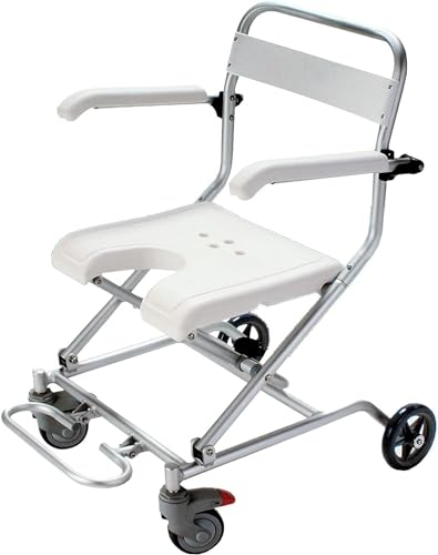 Klappbarer Duschstuhl für Senioren mit Behinderung, Robuster Badestuhl mit Armlehnen und Rückenlehne, Toilettenstuhl mit Rädern, Höhenverstellbar, Badezimmerhocker mit hochklappbarer Fußstütze