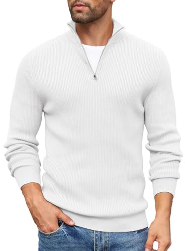 COOFANDY Jersey Hombre Invierno Suéter Cuello Alto Regular Fit Jersey de Canalé con Cremallera de un Cuarto Suéteres de Punto Blanco XL