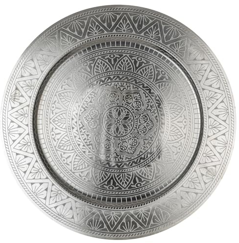Marrakesch Orientalische Boho Deko Tablett Serviertablett aus Metall 50 cm | Kerzentablett Manar in Silber als Tischdeko für Küche & Wohnzimmer | Vintage Frühstückstablett rund für Schlafzimmer