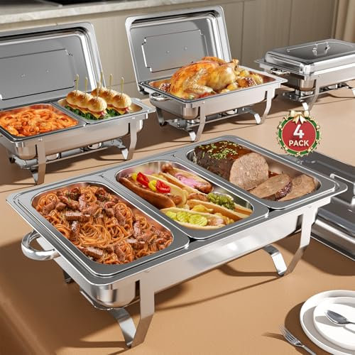 Amhier Chafing Dishes for Buffet 9Qt 4 Pack [Multi-Size Food Pans] Stainless Steel Chafing Dishes [Sturdy and Durable] Chafing Dish Buffet Set for Weddings & Parties & Festival, Silver