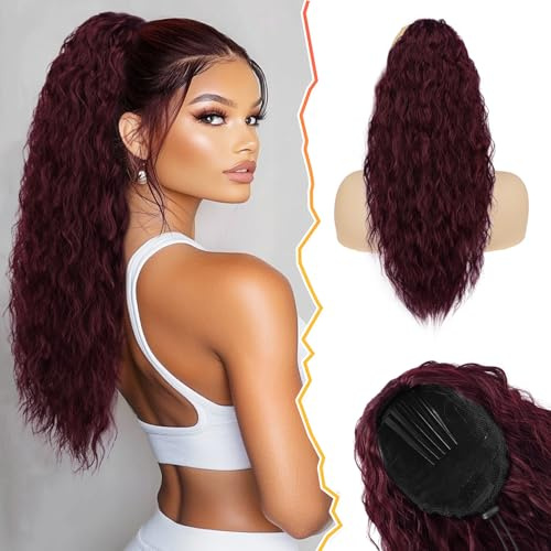 BARSDAR Ponytail Extension, 56cm Rot Lockige Pferdeschwanz Haarteil mit Kordelzug Lang Wellige Synthetik Pferdeschwanz Haarverlängerung Comb Clip in Zopf Haarteile für Frauen - Dunkles Burgunder