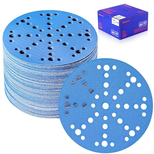 SpeTool Lot de 60 feuilles de papier abrasif 150 mm avec 49 trous Grain 180 disques abrasifs en céramique 150 mm Papier abrasif pour bois, métal