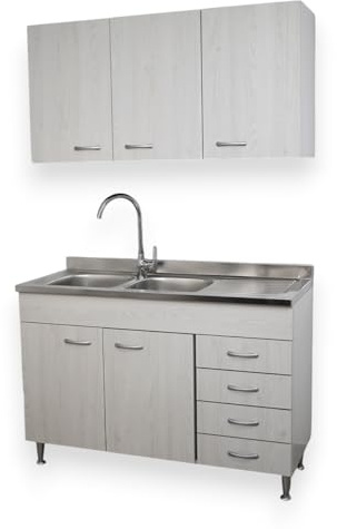 Yellowshop - Mobile cucina sottolavello a 2 ante e cassettiera cm 120 effetto legno Frassino Moire componibile con lavello inox e scolapiatti Basic (Sottolavello completo piano Dx)