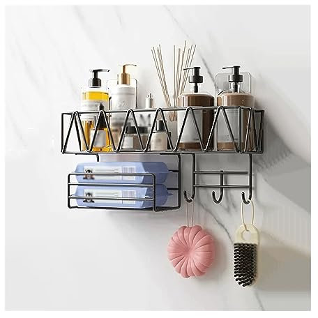 Shower Organizer Toilet Large Wall Storage Rack Washstand Double Layer Cosmetic Storage Rack with Tissue Holder and Hook Wall Mounted Metal Storage Rack Without Punching Bathroom Shower Shelves(Black)