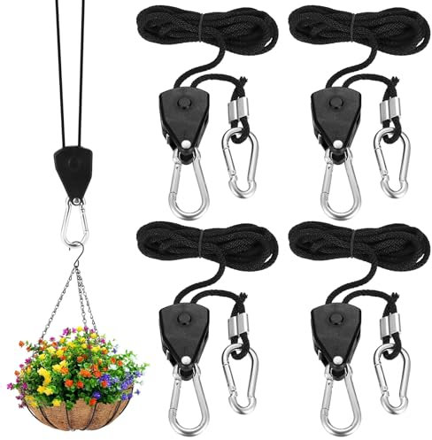 4 Set di Cricchetto di Corda, 2 Metri Puleggia Ratchets, Ganci a Cricchetto per Corda, Gancio Puleggia Corda Regolabili da 1/8, Cinghia a Cricchetto per Grow Light Piante, con 8 Moschettoni
