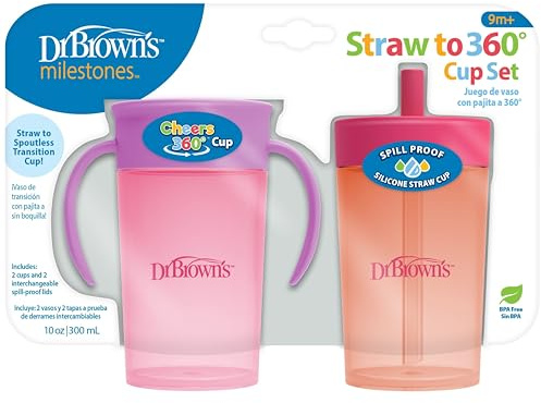 Dr. Brown's Milestones Lot de pailles convertibles à 360° pour enfant avec paille en silicone interchangeable et couvercle à 360 °, corail rose, 300 ml, sans BPA, à partir de 9 ans