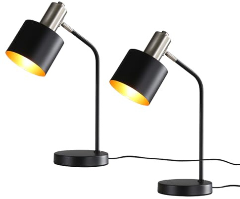 Lichtmaler Tischlampe Vintage Nachttischlampe E27 - Tischleuchte Wohnzimmer Schwarz Gold Kabel Schreibtischlampe Retro Schwenkbar Leselampe 2 Stück, Ohne Leuchtmittel