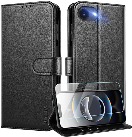 UITUIM Coque pour iPhone 16e / iPhone 17e Coque Etui Portefeuille Cuir avec Verre Trempé Protection Écran Porte Carte Rabat Clapet Flip Case Étui Cover Housse Etui,Noir