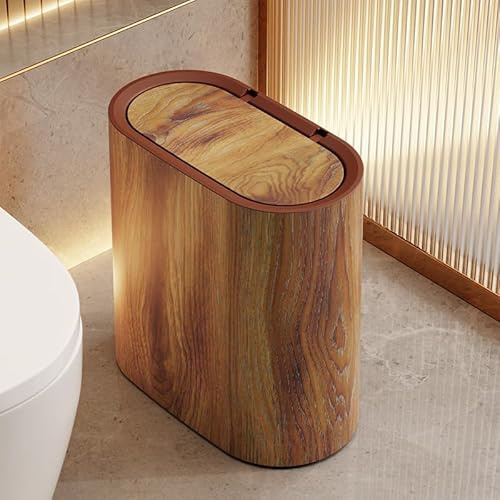 POPUPWAVE Bote de basura de baño con tapas, cubo de basura de plástico con patrón de madera de mármol, pequeño cubo de basura con tapa para baño, cesta de basura estrecha moderna para el hogar,