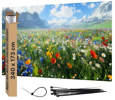 Major and More Sichtschutz Banner PVC Garten Dekoration Plane groß mit Motiv blickdichter Motivbanner für Terrasse Zaun Gartenzaun Zaunblende Gartenposter (340x173 cm, Blumenwiese)
