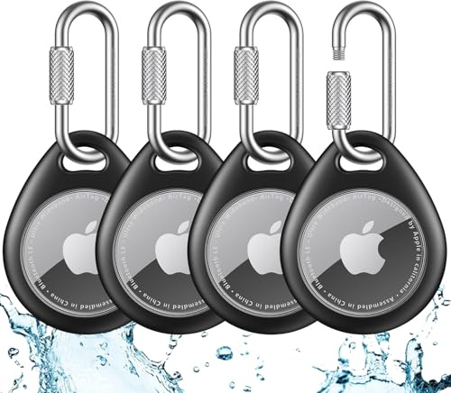 UNBREAKcable Air Tag Anhänger 4er Pack – Mit Karabiner, wasserabweisender TPU Schutzhülle für Apple Air Tag, stoßfest, Kratzfest, geeignet für Schlüssel, Haustiere, Taschen, Gepäck – Schwarz