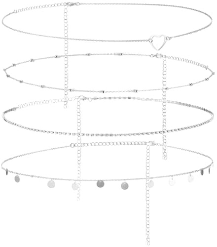 HJZHII 4 Stück Bauchkette Silber,Belly Chain,Verstellbar Bauch Kette Körperkette Waist Beads Körperketten Taillenkette Belly Waist Chain Set für Frauen Mädchen Bikini Quaste(Silver)