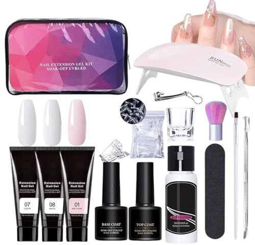 Kit de gel de extensión de uñas, kit de uñas de gel de extensión de poli - Gel de pegamento de constructor de 3 colores con una capa de capa base de lámpara de uñas Juego de capa ,Conjunto de manicura