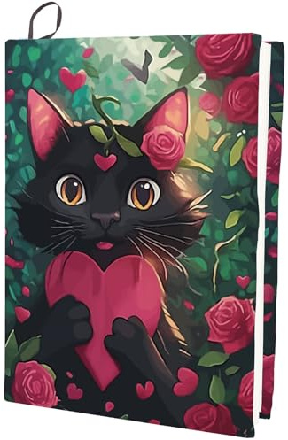 craspire Stoff Bucheinband Schwarz Schöne Katze Rose Herz Dehnbarer Buchhüllenschutz Elastisches Notizbuch Polyester Wiederverwendbar Waschbar Für Taschenbücher Softcover Hardcover Lehrbücher