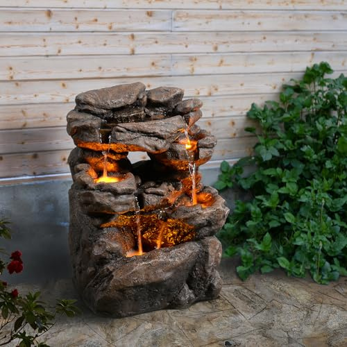 MSEONWXI Outdoor Waterfall Fountain 20.5 Tiered with LED Lights, Natural Rock Design, Weatherproof Resin – Waterfall Fountain for Garden, Patio, Yard​ 24393