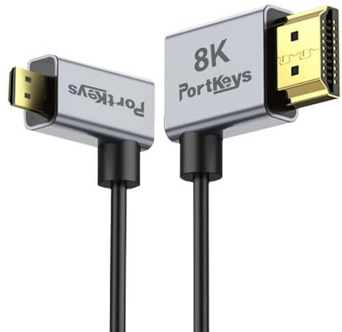 Portkeys 8K Cable HDMI Ultra-Fino 1m, HDMI A a D (Micro HDMl) con conectores en ángulo recto, 2,5 mm, 8K@60Hz, 48Gbps HDMl 2.1, HDR, eARC, para cámara Sony, monitor, gimbal, rig, PC, (HDMl A-D 1m)