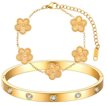 AOWVUTS 2 Stück Kleeblatt Armband Damen 18K Vergoldet Vierblättriges Kleeblatt Armbander Liebe Freundschaft Armband Zirkonia Armreif Edelstahl Verstellbare Armbander Set Geschenk für Frauen