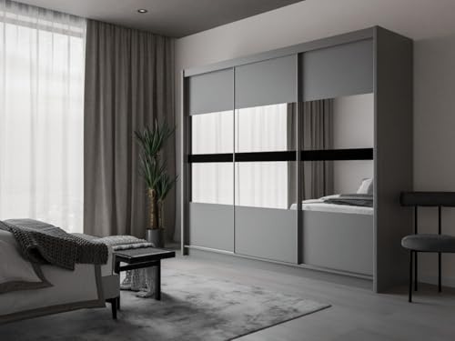 Gaba furniture Premium BT 250 cm Graphite Sliding Door Wardrobe with Mirror Furniture for Bedroom Living Room Wardrobe with Hanging Rail and 2 Drawers Colours White/Graphite