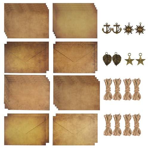 Maxmoc 40 Stück Vintage Briefpapier mit Umschlag Set Bedruckbar | 8 Kraftpapier Briefumschläge, 16 Papier,8 Retro Schlüsseln, 8 Hanfseilen, für Liebesbrief,Geburtstag,Weihnachten Einladungen