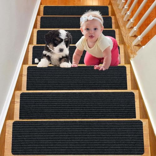 Duscdesp 15 Stück Treppenmatten, Treppenteppich Selbstklebend Antirutsch Treppe Stufenmatten Innen, Stufenteppich Treppen Teppich Treppenstufen für Kinder Ältere und Haustiere, 60x20cm (Schwarz)