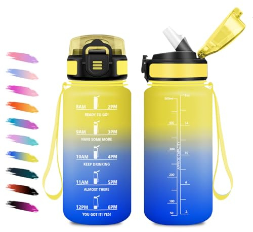 Borraccia 500ml, a Prova di Perdite, Bottiglia Bambina con Cannuccia, Bottiglia Acqua Sportiva con Indicatore del Tempo, Motivazionale Borraccia per Bambini, Campeggio, Scuola, Ufficio, Lavoro