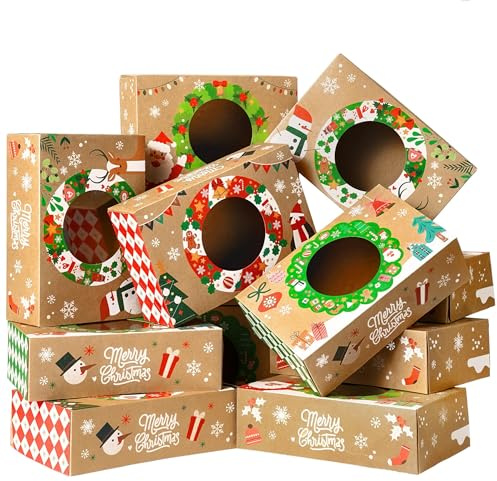 JOYIN 12PCS Christmas Cookie Boxes for Gift Giving, 8.75 x 5.75 x 2.75 Xmas Holiday Bakery Treat Boxes with Window, Kraft Cookie Tin Container Box for Baked Goods, Cupcake, Pastry, Candy, Brownies