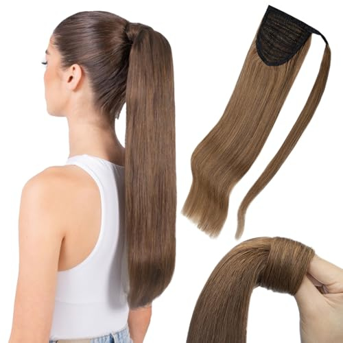 MY-LADY Ponytail Extension Echthaar Extensions 35 cm Hellbraun Glatt - Echthaar Zopf mit Klett Pferdeschwanz Haarverlängerung #06 80g