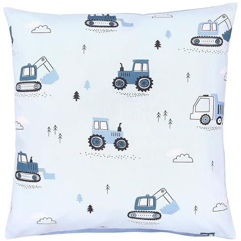 TupTam Kinder Kissenbezug Kissenhülle Dekorativ Gemustert, Farbe: Baufahrzeuge/Bagger/Blau/Grau, Größe: 40 x 60 cm