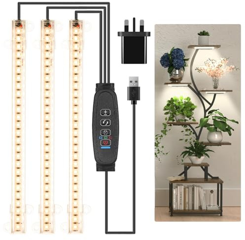Czoumu 8.6'' LED Grow Light Strips, Full Spectrum 3500K Grow Lights for Indoor Plants, 3 Head with 3/9/12H Timer, 10 Dimmable Levels, Perfect for Seedling, Succulent, Plant Shelf, 1-Pack