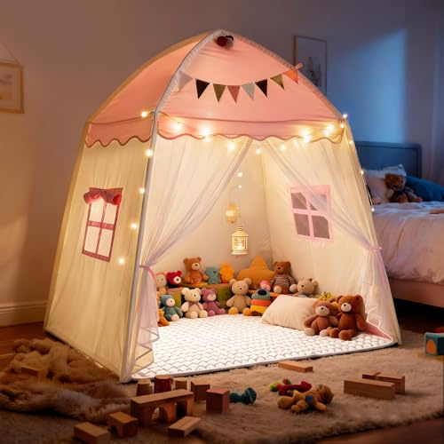 Hiromeco Hiromeco - Tente de jeux d'intérieur pour chambre d'enfant - 150 x 100 x 150 cm - Grande maison de jeu avec tapis, guirlande lumineuse et 2 kits de décoration - Crée une ambiance festive pour