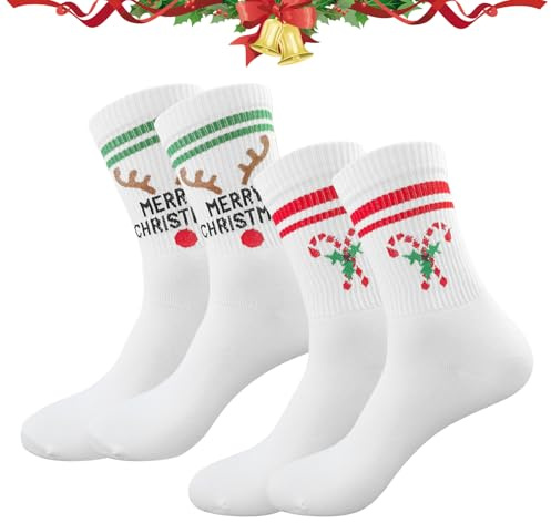 PIujsym Weihnachtssocken Damen Herren 2 Paar, Lustige Weihnachtsstrümpfe mit Rentier und Zuckerstange Motiv, Socken Weihnachten für Damen Herren Grösse 36-46