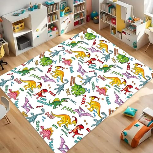 ZLXMN Bunter Dinosaurier-Teppich,100x150cm Cooler Dinosaurier-Teppich Mit BrüLlendem T-Rex, UltradüNne, Weiche Bodenmatten Mit Tiermuster füR Das Vorschul- und Spielzimmer Im Klassenzimmer