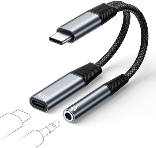 Adaptateur USB C Jack et Chargeur, 2 en 1 Adaptateur USB C vers Jack 3.5mm | et PD 60W Charge Rapide Adaptateur Prise jck USBC pour Phone 17 16 15 Pro Max Plus,iPad,Samsung S25/S24,Huawei,Xiaomi,Pixel