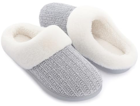 RockDove Women's Plushloom Warm Chenille Knit Cute House Slipper with Sherpa Fleece Lining Memory Foam Cushion and Non Slip Sole, Size 9-10 US Women, Cool Grey