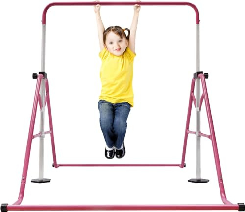 Gymnastikstange Kinder mit verstellbaren Höhen, Faltbare Reckstange mit Stangenpolster, Turnreck Indoor Outdoor Trainingsgerät, Stabile Gymnastikbar für Kinder für Heimtraining und Garten(Rosa)