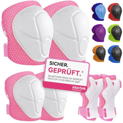 Skyddsset med 6 skydd, skyddsset, inlines skyddsutrustning, skyddset barn, 4–14 år, barn, knäskydd, armbågsskydd, handskydd, justerbar för skridskoåkning, skoter, skateboard (rosa S)