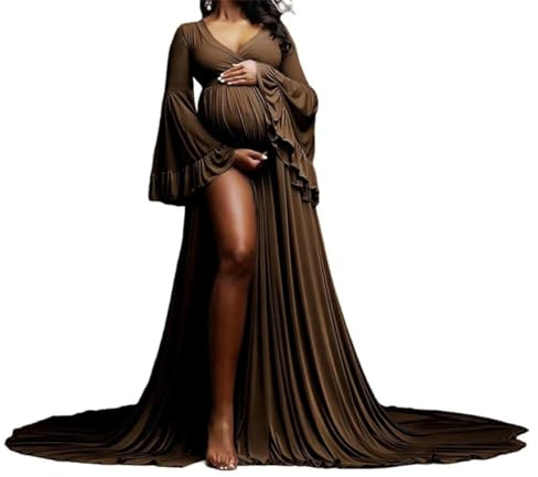 AHERKLL Vestido de maternidad de satén hinchado para sesión de fotos, lencería de manga larga, baby shower, embarazo, fotografía, vestido HAH064, marrón, 54 Grande