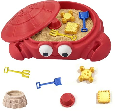 Mini Crab Sandbox for Desk, Crab Sandbox with Lid, Minis Zen Garden with Molds Sand Mini Tools Fun Gifts Home Office Decor Complimentary Sandr (Red)