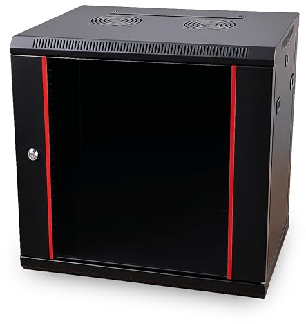 Danicom Baseline 19 tum 12 HE nätverksskåp med glasdörr 600 x 450 x 635 mm (B x D x H) – svart – lastkapacitet 50 kg – väggmontering – serverskåp – vägghölje – serverhylla – serverskåp